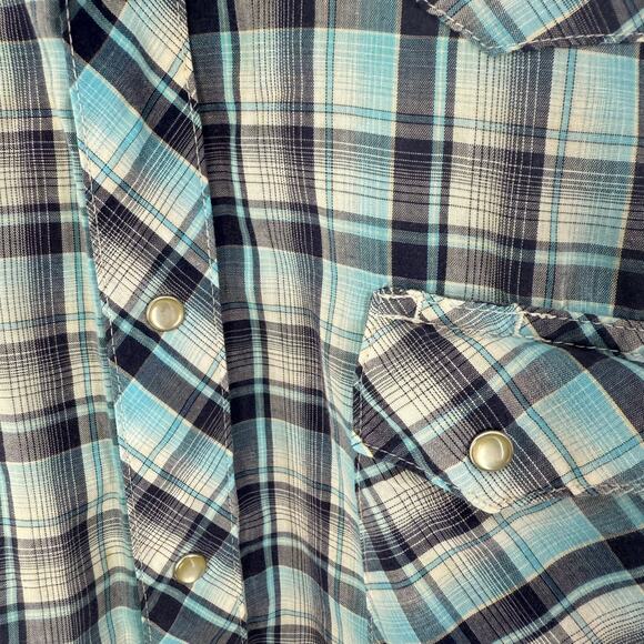 Wrangler Wrancher Mens Pearl Snap Shirt Blue Striped Short Sleeve ~XL Western - Picture 5 of 5